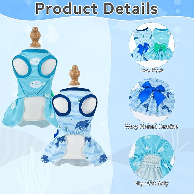 Vehomy 2-Pack Dog Summer Dress Breathable Puppy Cat Dresses with Bowknot Pet Summer Cool Outfits Skirts with Sea Fish Dolphin Patterns for Small Medium Dogs S