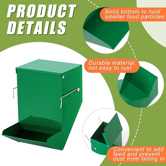 Maxcheck 2 Pcs Rabbit Feeder for Cages Small Animal Food Pellet Dispenser with Lid Metal Chicken Grit Oyster Shell Squirrel Feeders Outside(4.7 Inches,Solid Bottom,Green)
