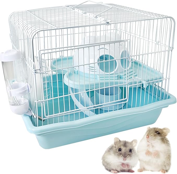 PINVNBY Dwarf Hamster Cage, Small Animal Cages, 2-Tier Travel Portable Mouse Cage Hamster Carrier with Castle House Running Exercise Wheels, Water Bottle and Food Dish（Blue）