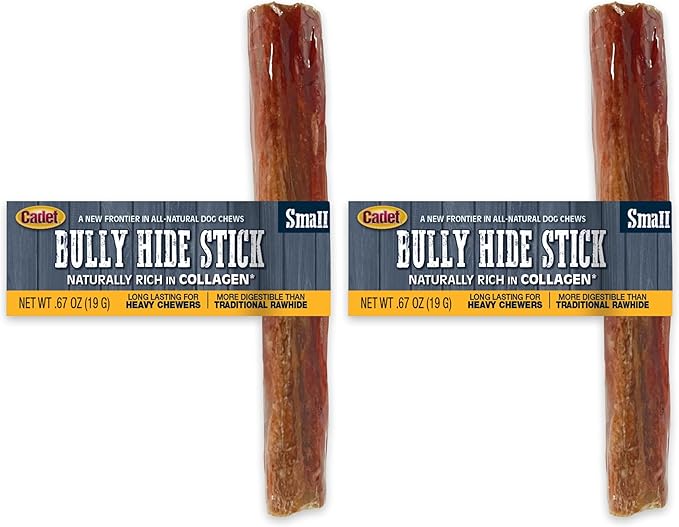 Cadet Bully Hide Sticks for Small Dogs – All-Natural Beef Pizzle, High Protein, Low Fat, Long-Lasting, Grain & Rawhide-Free Dog Chews for Aggressive Chewers, Small (1 Count) (Pack of 2)