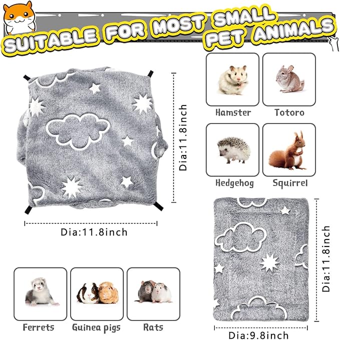LEFTSTARER Noctilucent Luminous Guinea Pig Rat Hammock Bunkbed Hanging Tunnel and Soft Bed Mat for Ferret Hedgehog Squirrel Hideout Cage Accessories (3.Bunkbed Hammock and Mat)