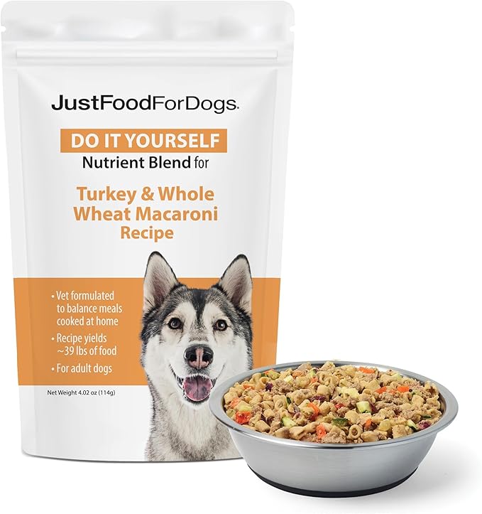 JustFoodForDogs Nutrient Blend, Supplements for Homemade Dog Food, Turkey & Whole Wheat Macaroni, DIY Fresh Pet Meals and Toppers, Human Grade, Dog Vitamins & Multivitamin Additive, 4.55oz