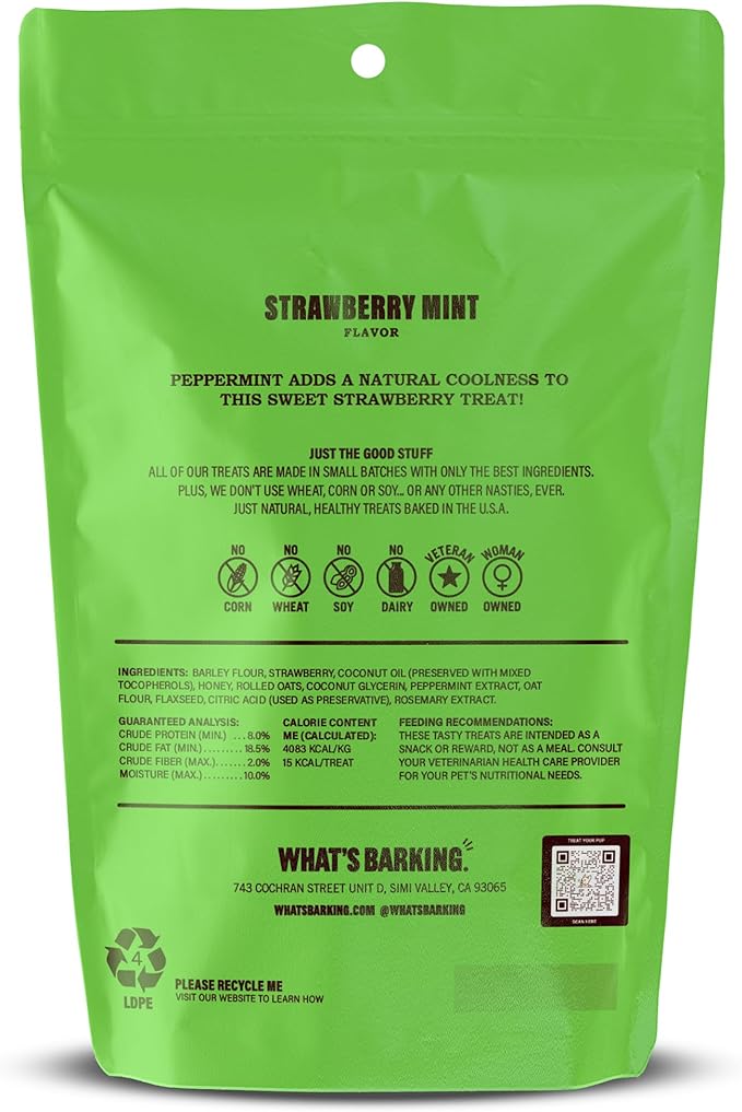 What's Barking Soft Bites, Soft Chewy Dog Treats for Training or Snacking, Pet Essentials, Bite Size Pieces for Dogs, Natural Ingredients, Made in USA, Resealable Bag (Pack of 1, Strawberry Mint)