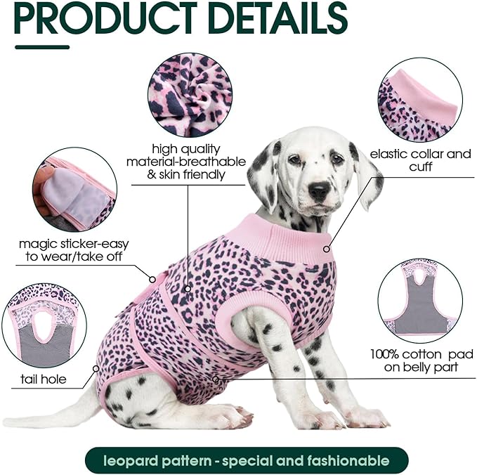 Kuoser Recovery Suit for Dogs, Comfy Dog Recovery Suit Female Doggie Onesie for Surgery, Post-Op Onesie for Female & Male Dogs, Soft Protective Wear, PinkLeopard XXL
