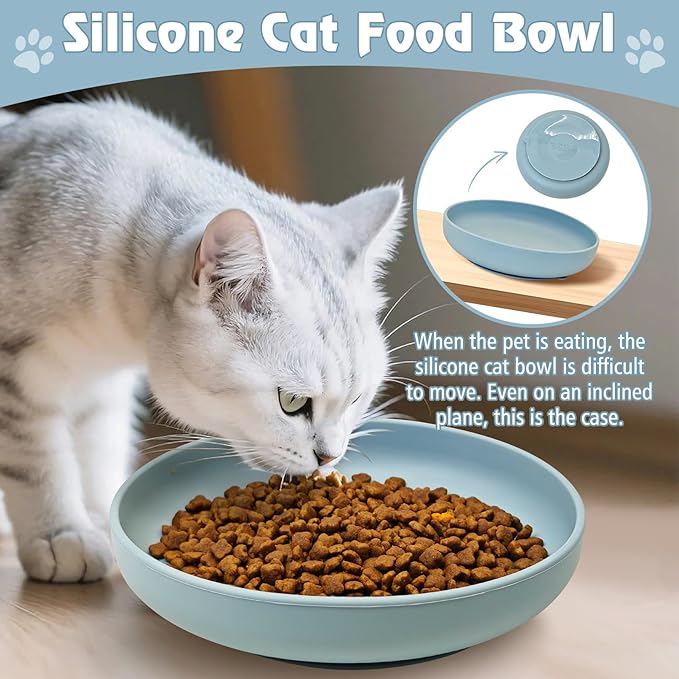 BNOSDM Silicone Dog Bowl Non-Slip Cat Food Plate 2 Pcs Flat Dog Bowls with Suction Cup Shallow Puppy Food and Water Dish for Small and Medium Pets (Gray-Blue)