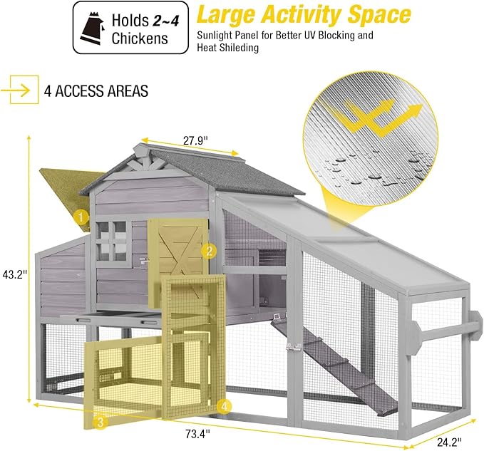 Aivituvin Chicken Coop Mobile Chicken House on Wheels, Rabbit Hutch Bunny Cage Expandable Wooden Poultry Cage with Large Nesting Box Leakproof Pull-Out Tray,UV-Resistant Roof (Grey)