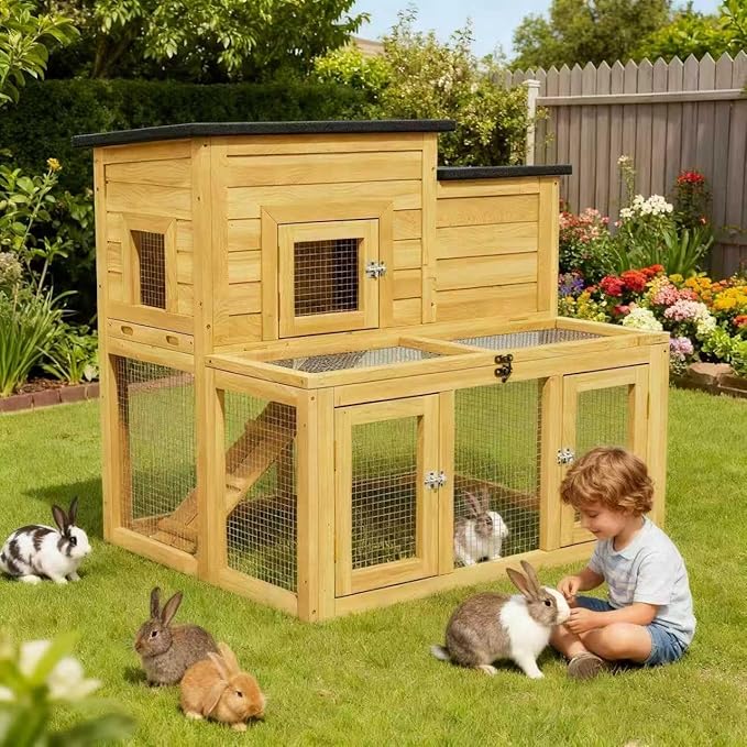 Outdoor Rabbit Hutch for 2-4 Chickens Wooden with Waterproof Asphalt Roof, Ramp, Openable Top Pull-Out Tray Suitable for Suitable for Indoor and Outdoor Use. (Yellow Black)