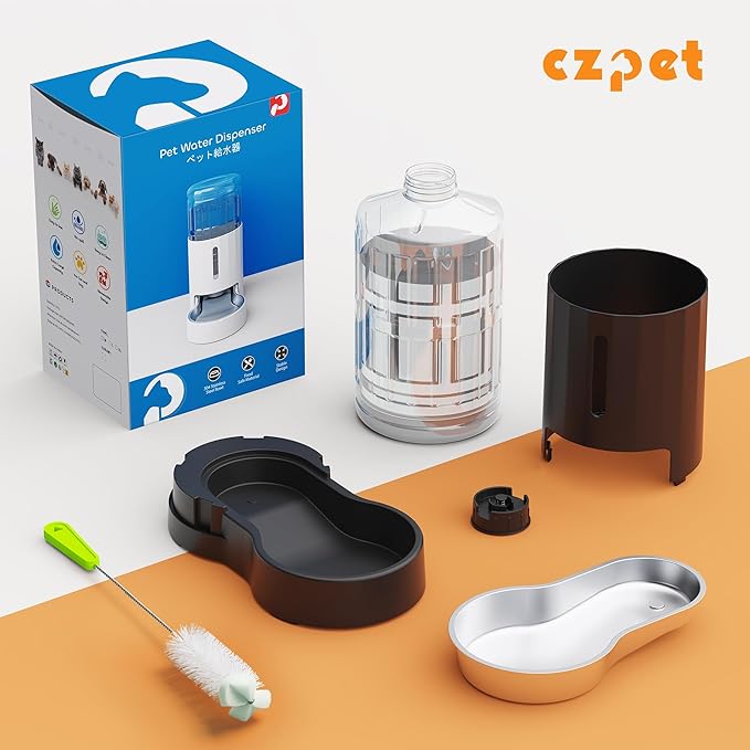CZPET Dog Water Bowl Dispenser 7L, Wider Mouth & Upgraded Brush for Easy Cleaning Automatic Cat Gravity Refilling Waterer with Removable Stainless Steel Bowl, Large Drinking Area for Multi-Pet (Black)