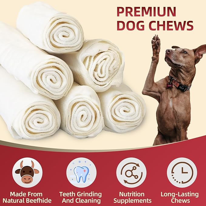 Dog Rawhide Chews,Long Lasting Rawhide Rolls Rawhide Sticks,Natural Flavor Dog Beefhide Treats,5-6 Inch Digestible Single Ingredient Dog Rawhide Bones for Midium Large Dogs (6 Pack)