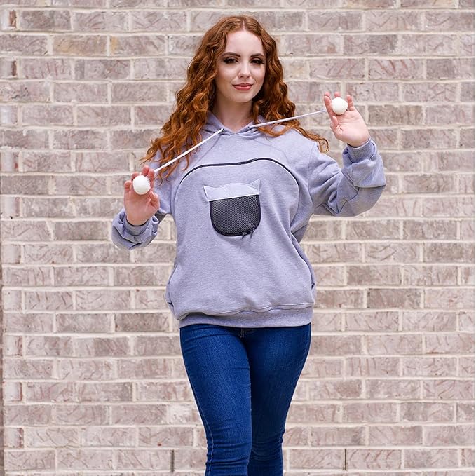 ALYC Unisex Hoodies Pet Holder Cat Dog Large Pouch Carriers Pullover with Cat Printing Sweatshirt (Light Grey-L)