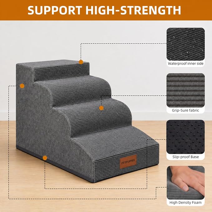Dog Stairs for Small Dogs and Cats, 19.7" H, 4-Step Curved Pet Ramp for Beds or Couches, Non-Slip Medium Pet Steps with High Density Foam, Grey