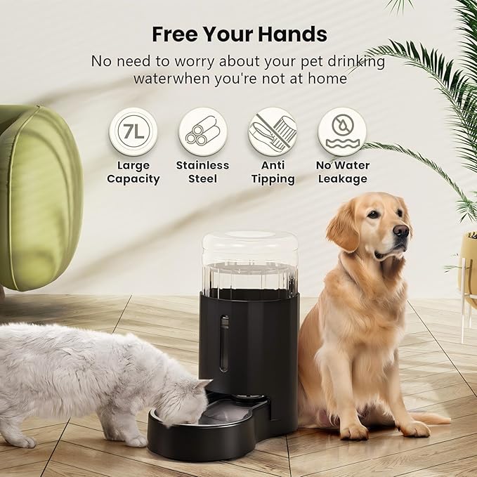 CZPET Dog Water Bowl Dispenser 7L, Wider Mouth & Upgraded Brush for Easy Cleaning Automatic Cat Gravity Refilling Waterer with Removable Stainless Steel Bowl, Large Drinking Area for Multi-Pet (Black)