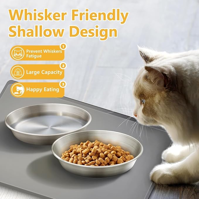 4-Pack Stainless Steel Cat Food Bowls, Shallow Whisker-Friendly Non-Slip Silicone Base Metal Dishes, Easy to Clean Indoor Water Flat Plates for Cat, Kitten, Small Dog (5.9")