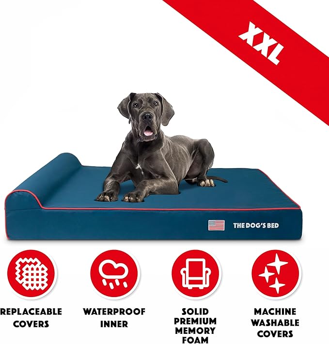 The Dog’s Bed Orthopedic Memory Foam Dog Bed with Headrest, Calming Surface – CertiPUR-Certified Foam, Oxford Fabric, Blue with Red Trim USA Flag, XXL, 6-Inch