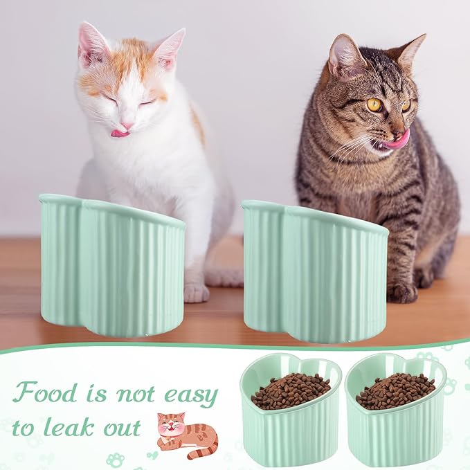 Mumufy 2 Pcs Ceramic Elevated Cat Bowls Tilted Elevated Raised Pet Bowls Anti Vomit Cat Dish for Indoor Stress Free Water Dish Feeder for Puppies, Heart Shaped(Grass Green)