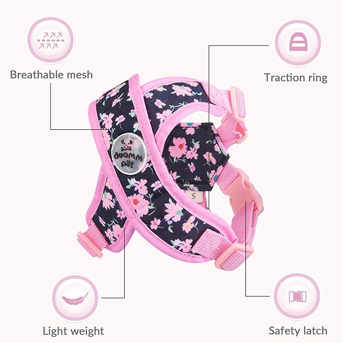 Patas Lague Dog Harness with Leash Set Adjustable Soft Padded Step-in Dog Vest No Choke No Pull Reflective for Small Medium Pets with Poop Bags and Dispenser, Solid and No-chew, Floral Pink S