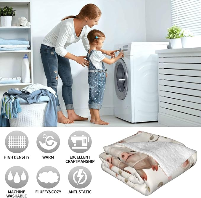 Cute Pig Blanket Gifts for Women Men Adults Pig Lovers, Piglet and Floral Plush Fleece Throw Blankets, Cozy Soft Warm Bedding Decor for Sofa Living Room Travel 60"x80"