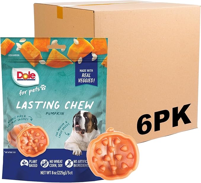 Dole for Pets Freshly Fetched Lasting Chew Pumpkin Flavor Dog Treats, Medium and Large Breeds, No Wheat, Corn, Soy, Artificial Flavors, Colors, or Animal Products, 8 Ounces, 5 Chews - 6 Pack