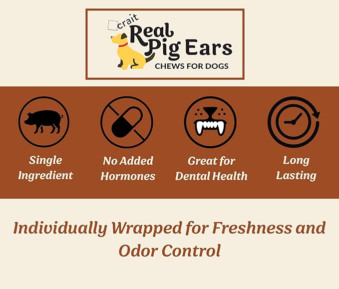 All Natural Pig Ears for Dogs – Single Ingredient, Individually Wrapped for Freshness & Odor Control – Long Lasting Rawhide Alternative Chews, Healthy Dog Treats for Medium & Large Dogs (4 Pack)