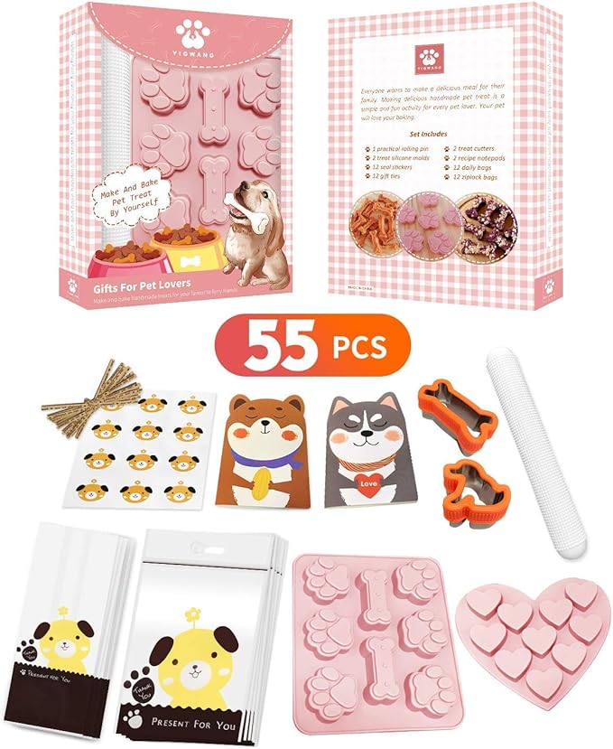 55 Pcs Dog Lovers Gifts, Make Your Own Dog Treats Kit, Including Bone Cookie Cutter and Silicone Molds, Bags, etc.
