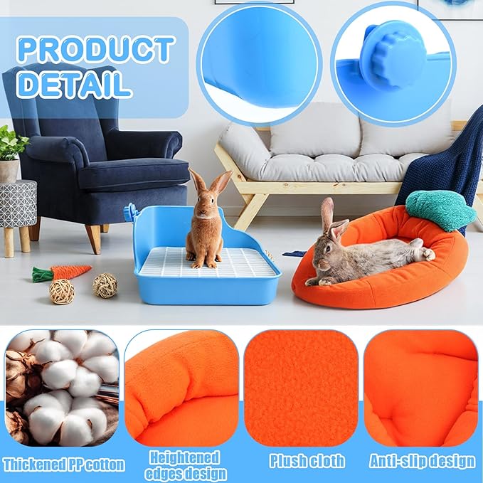 Abbylike 22 Pcs Rabbit Starter Kit with Cage, Rabbit Grooming Kit Bunny Cage Set with Bed, Litter Box, Water Bottle, Feeders, Toys, Grooming Cleaning Supplies for Indoor Rabbits Small Pets(Blue)