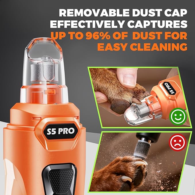 Whisper Quiet Dog Nail Grinder with LED Light, Safe & Stress-Free for Sensitive Dogs of All Breeds & Sizes, 3 Grinding Bits, 3-Speed, Pet Nail Trimmers, Rechargeable Painless Grooming Kit Orange