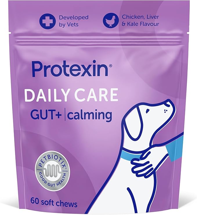Protexin Daily Care Gut+ Calming | 60 Dog Chews, Trout and Kale Flavor Dog Supplement | Probiotics for Dogs, Dog Postbiotics