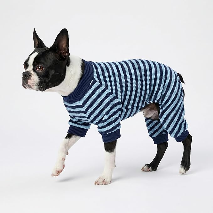 Fitwarm Blue and White Striped Dog Pajamas, Waffle Dog Clothes for Small Dogs Girl Boy, Puppy Onesie with Feet, Pet Cat Outfit, Small