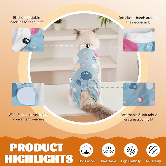 Cat Surgery Recovery Suit, Anti Licking Postoperative Onesie with Roll-Up Design, Soft Breathable Bodysuit Shirt for Female Spay Male Neuter Abdominal Wound Kitten E-Collar Cone Alternative