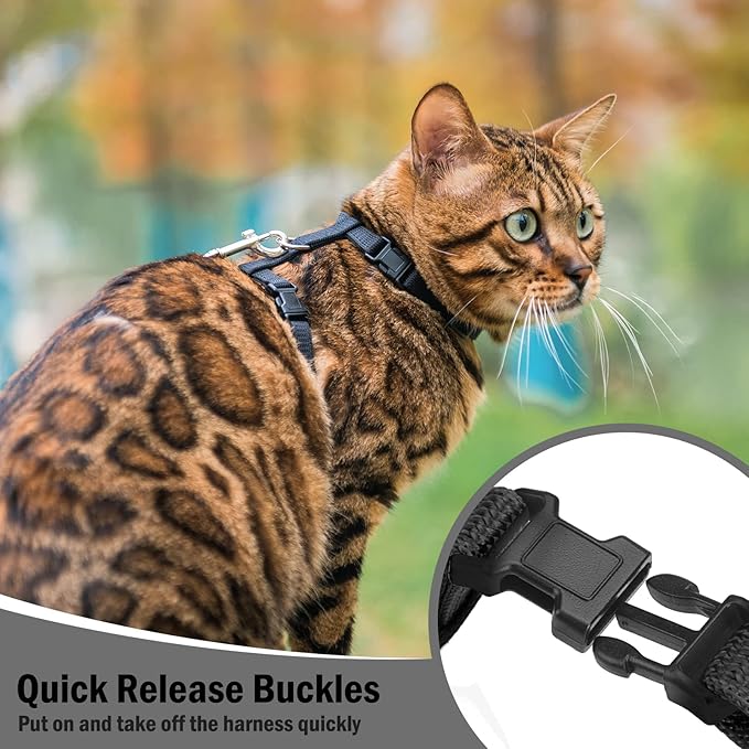 PUPTECK Adjustable Cat Harness and Leash Set Escape Proof Kitten Strap Collar for Walking Travel, Black, M