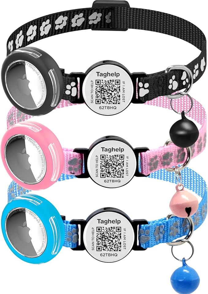 3 Pack Paw Print Cat Collars - Breakaway Safety Collar with Waterproof Apple AirTag Holder, Adjustable Kitten Collar Set - Ideal Pet Supplies & Gifts, No App (Black, Blue, Pink)
