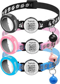 3 Pack Paw Print Cat Collars - Breakaway Safety Collar with Waterproof Apple AirTag Holder, Adjustable Kitten Collar Set - Ideal Pet Supplies & Gifts, No App (Black, Blue, Pink)