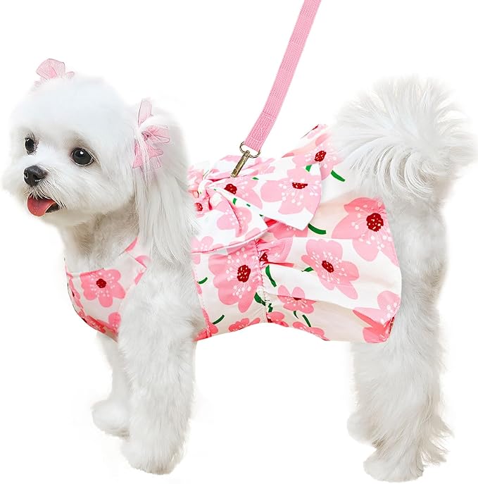ABRRLO Cute Dog Dress Small Dog Clothes For Girls Female Puppy Outfit Pink Floral Pet Summer Clothes Bowknot Doggy Cat Princess Dress Harness Set for Holiday Birthday Party Costume Clothing (Pink,XXL)