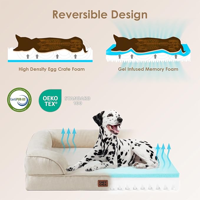 EHEYCIGA Orthopedic XL Dog Beds, Waterproof Memory Foam Dog Bed for Extra Large Dogs, Non-Slip Bottom and Egg-Crate Foam Big Pet Couch Bed with Washable Removable Cover, Beige