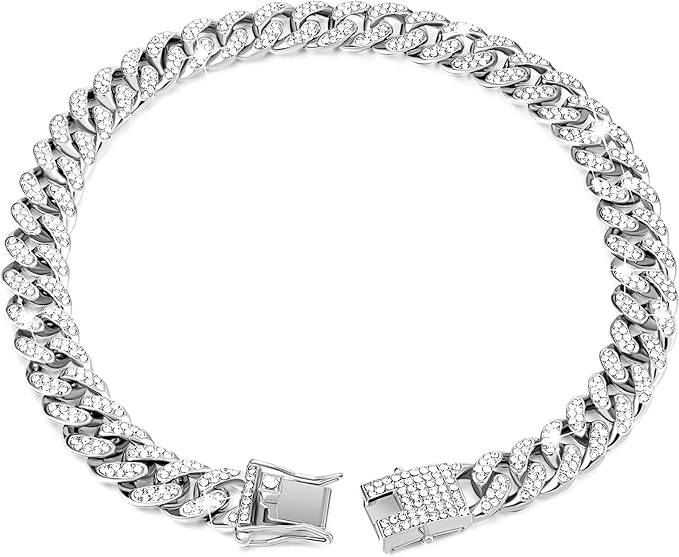 Tallew Silver Dog Chain Diamond Collar Walking Metal Chain Necklace with Secure Buckle Pet Cuban Style Collar Jewelry Accessories for Small Medium Large Dog Cats (14 inch)