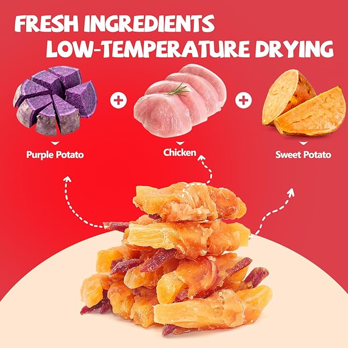 Dog Treats Chicken Wrapped Double Sweet Potato Containing 1% Taurine High-protein Dog jerky Meat Dry Dental Care Snack Suitable For Small, Medium Large Dogs For Eating Training Rewards. 14.11 Oz
