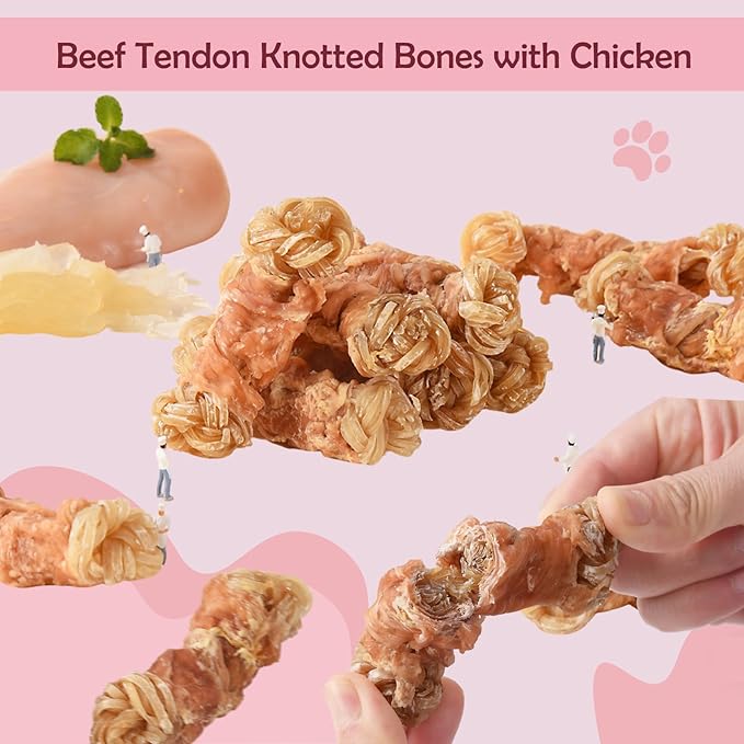 ASMPET Beef Tendon Dog Treats, Chicken Wrapped Beef Tendon Knotted Bones, Long Lasting Dog Chews Bones