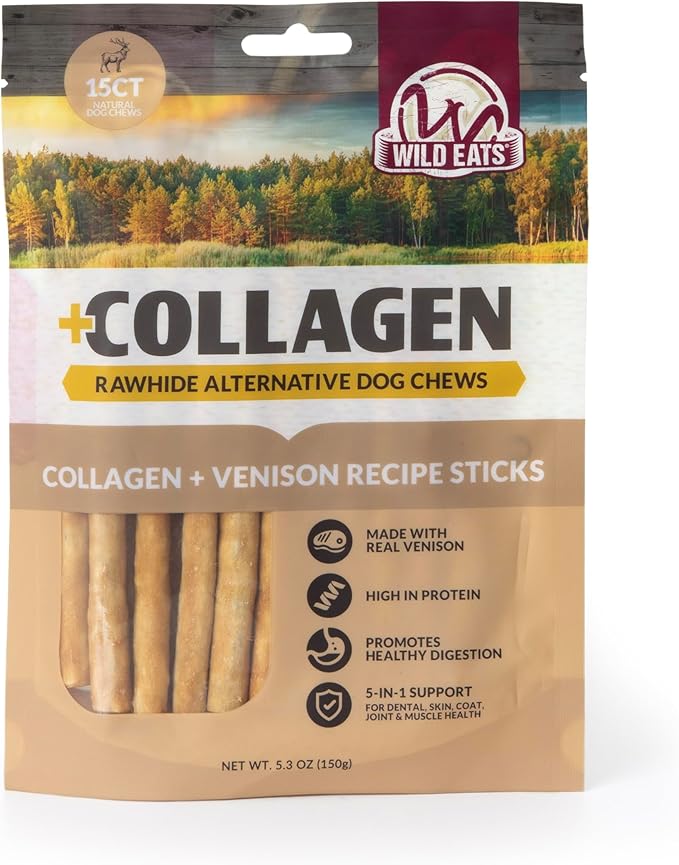 Wild Eats Venison Collagen Sticks for Dogs (15 Pack, 1 cm Wide) Long Lasting Dog Chews No Hide Dog Treat Bully Stick Alternative, Rawhide Free, Grain Free, High Protein
