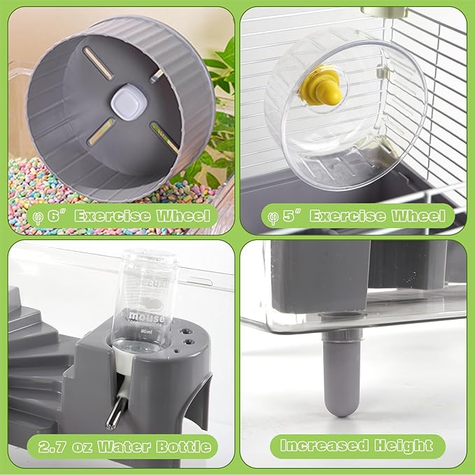 Multilevel Hamster Cage Starter Kit 18″Lx11″Wx23″H for Dwarf Hamster Under 3″ in Length with Platforms, 3 Tube Ports, Bathtub, Food Bowl, Steps, 2 Exercise Wheels, Doors, House, Water Bottle