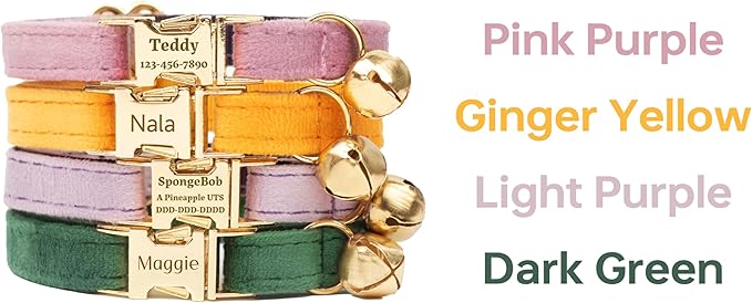 Personalized Colorful Velvet Cat Collar with Light Gold Buckle Engraved Name & Phone, Adjustable Size with Bell, Optional Bowtie, Leash and Airtag Holder for Cats & Kittens
