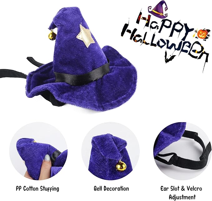 NAMSAN Cat Witch Hat, Funny Cat Halloween Costumes, Doggy Wizard Hat Outfit with Bell, Sorcerer Hat for Cats Small Dogs Cosplay