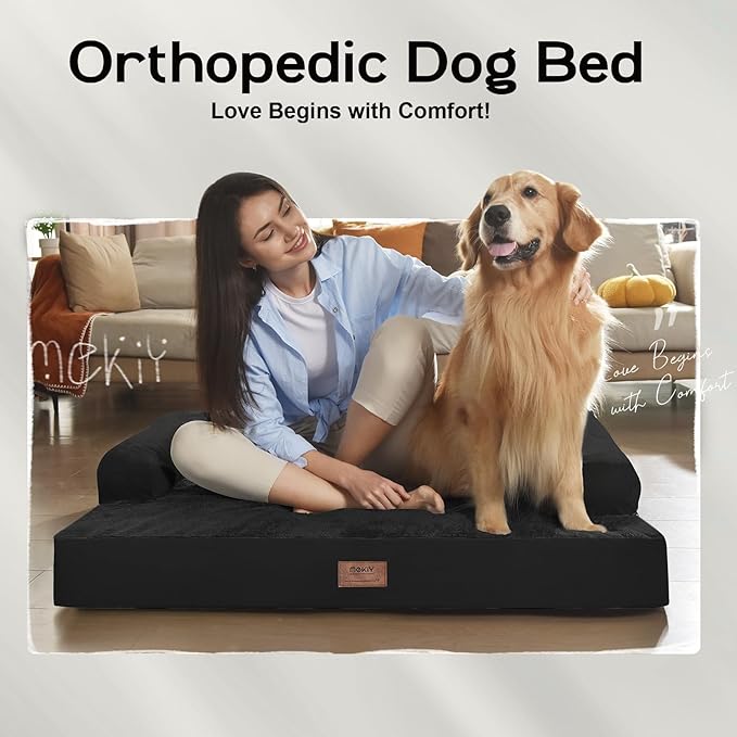 Orthopedic Bolster Dog Bed for Large Dogs – Memory Foam Cushion, Calming Support Design, Removable Washable Waterproof Cover, Non-Slip Bottom, Cozy Sleeping Space for Pets
