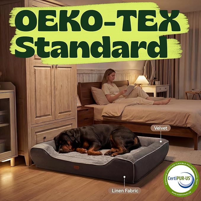 Cooling Orthopedic Dog Bed for Extra Large Dogs,Removable Washable Cover,Gel Memory Foam & Egg Crate Foam,Waterproof Joint Pain Relief 48"x30"x9.0",Dark Grey