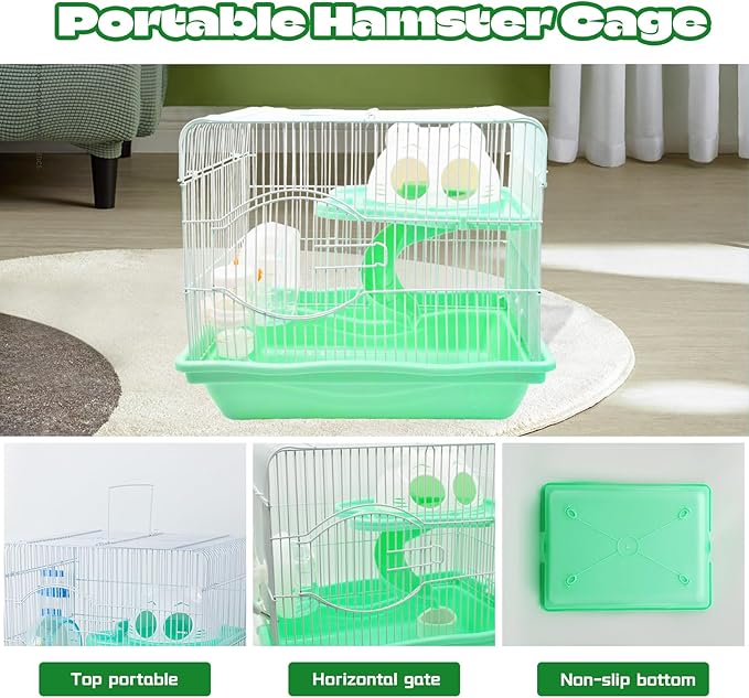 2-Tier Portable Hamster Cage and Habitats,Travel Metal Mouse Cages with Free Water Bottle,Houses and Exercise Wheel for Any Breed of Hamster and Small Animal (14.6x11.0x11.8inch Green)
