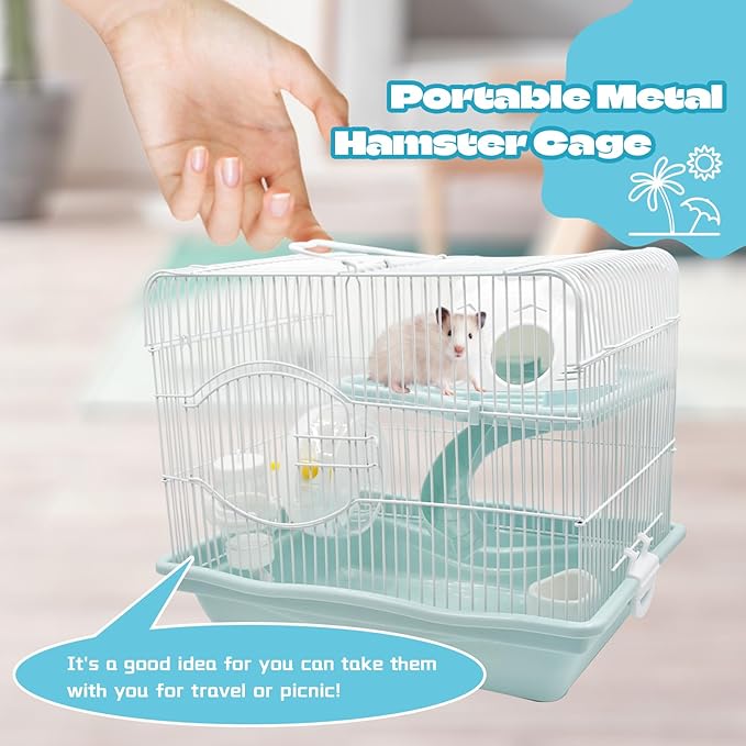 2-Tier Portable Hamster Cage and Habitats,Travel Metal Mouse Cages with Free Water Bottle,Houses and Exercise Wheel for Any Breed of Hamster and Small Animal (14.6x11.0x11.8inch Light Blue)