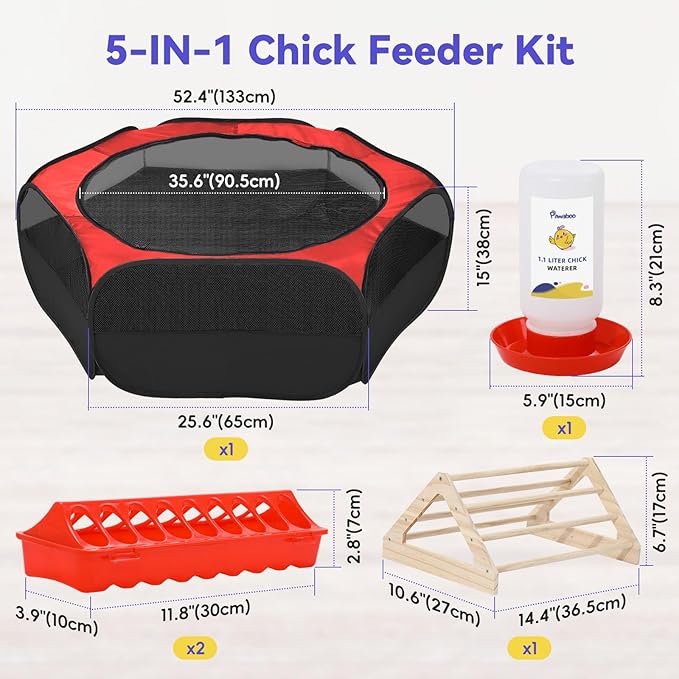 Pawaboo Chick Brooder Box for Chick Starter Kit, Brooder Pen/Chicken Supplies Brooders Box with Chicks Perch Brooding Up to 15 Chicks, Duck and Quail, Red+Black