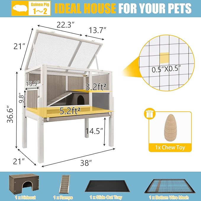 Ketive Guinea Pig Cages Indoor, Wooden Guinea Pig Cages with Stand, Rabbit Cage Hutch with Ramp and Hideout, Small Animals Cage Habitat with Not Leakage Pull Out Tray