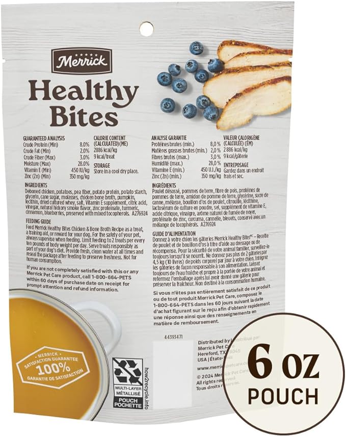Healthy Bites Grain Free Dog Treats, Soft Treats with Bone Broth for Dogs, Chicken and Bone Broth Recipe - 6 oz. Pouch