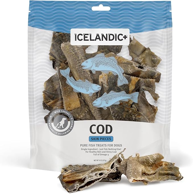 Icelandic+ Cod Skin Pieces - 8oz Bag - Pure Fish Dog Treats, Wild- Caught & Air-Dried, Single Ingredient Snacks, Pet Chews, Just The Fish Nothing Else