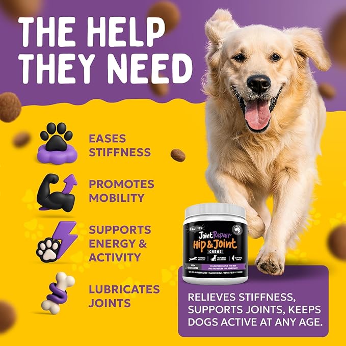 Joint Repair Dog Joint Supplement with Glucosamine for Dogs, Chondroitin, Omega 3, MSM, Hemp & Turmeric. Supports Hip & Joint Health, Mobility & New Cartilage. 120 Chicken Flavor Chews, Made in USA
